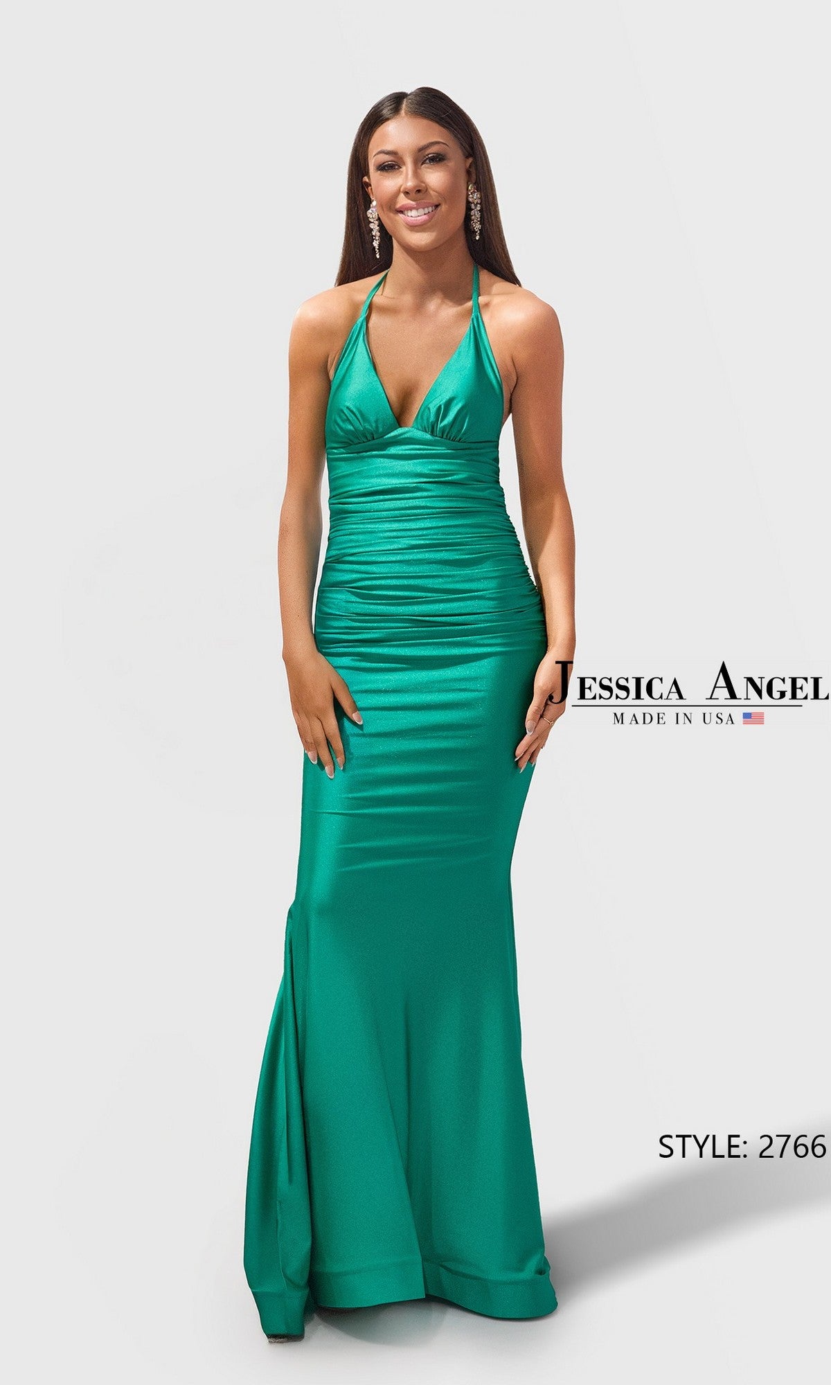 Model wearing the Long Prom Dress: Jessica Angel 2766 in Serpent, a floor-length stretch-satin halter gown with ruched bodice and mermaid silhouette. Made in USA for an elegant look and flawless fit.